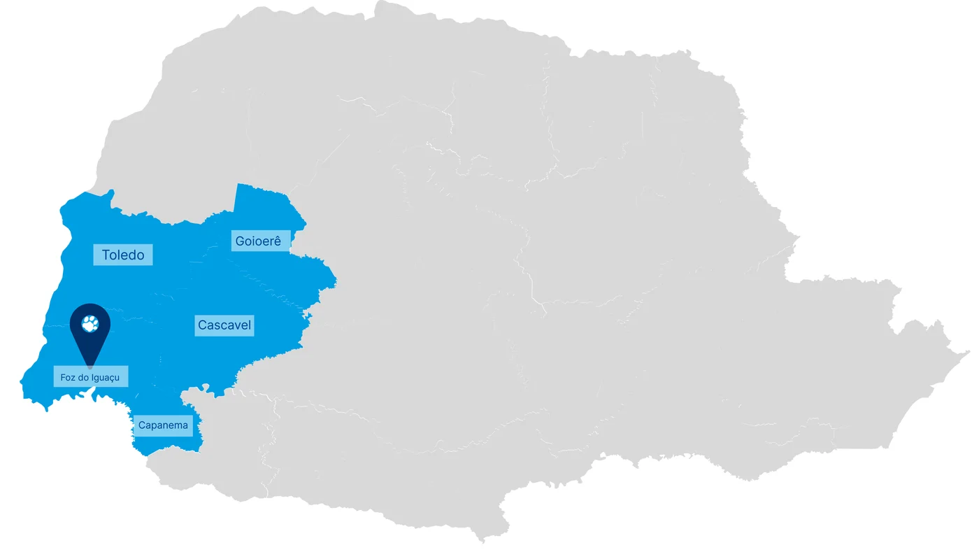 Mapa do Paraná com a área de atuação do DCC destacada no Oeste: Toledo, Goioerê, Cascavel, Foz do Iguaçu e Capanema